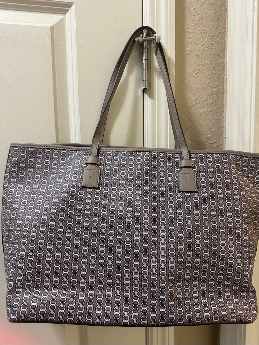 Tory Burch Taupe Logo-Print Tote with Navy & White Center Stripe - Picture 2 of 4